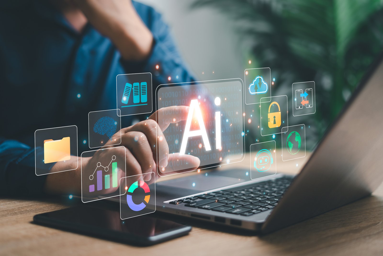 Business work and AI technology concept, Businessmen use laptop and AI technology artificial intelligence to generate something and data management convenience and modernity in the modern world. AI