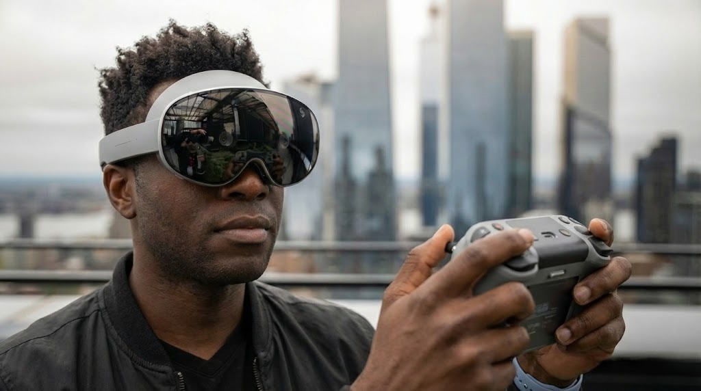 คนใส่แว่น Samsung Galaxy XR ถือรีโมทบังคับโดรน