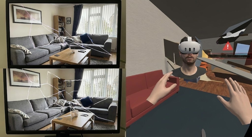 A dirty white Meta Quest 2 VR headset rests on a wooden desk, with its three front-facing cameras displaying tiny, pixelated video feeds. A tangled white cable is to the left, and a white controller is to the right. In the background are a computer monitor with text, a desk lamp, and other desk items.