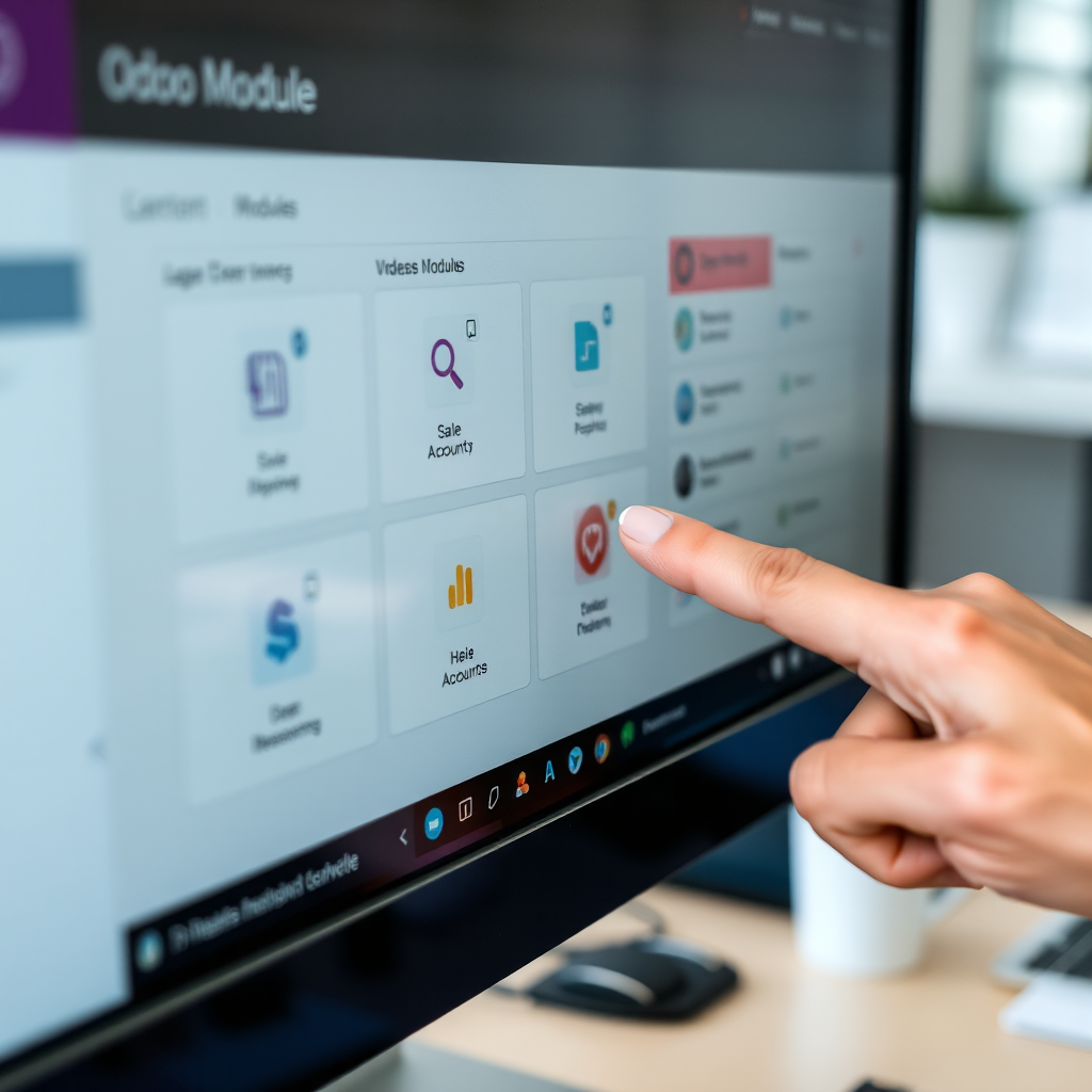 A close-up shot of a computer screen showing the Odoo dashboard with various integrated modules like CRM, Sales, Accounting, and Inventory, all seamlessly connected. The screen should look clean and user-friendly, with a hand pointing to a specific module. Soft office background blur.