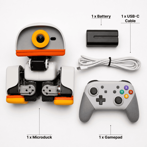 อุปกรณ์ในกล่อง Microduck MD-01 ตัวหุ่น แบตเตอรี่ สาย USB-C และจอยเกม